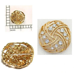 Vintage Brooch Pin Gold Tone Chic Holiday Gift Crystal CZ Circle Basket Weave  
